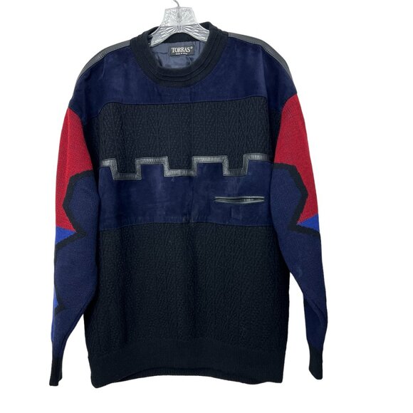 VTG Torras 100% virgin wool knit and leather men's pullover sweater size 42 / M - Picture 1 of 10